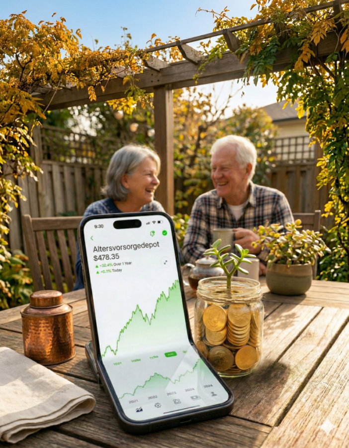 Ein aufrecht stehendes, faltbares Smartphone auf einem rustikalen Holztisch zeigt einen steigenden grünen Aktienchart mit der Überschrift "Altersvorsorgedepot". Rechts daneben steht ein Glas voller Goldmünzen, aus dem eine kleine grüne Pflanze wächst. Links liegt eine Serviette neben einer Kupferdosedose. Im unscharfen Hintergrund sitzt ein lachendes, älteres Paar mit Kaffeetassen unter einer herbstlich bewachsenen Pergola im Garten.