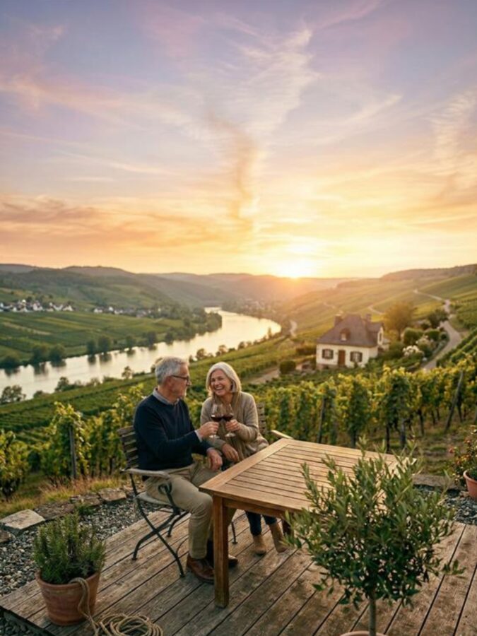 Ein lächelndes älteres Paar stößt mit Rotweingläsern auf einer Holzterrasse mit Blick auf einen malerischen Weinberg und Fluss bei Sonnenuntergang an.