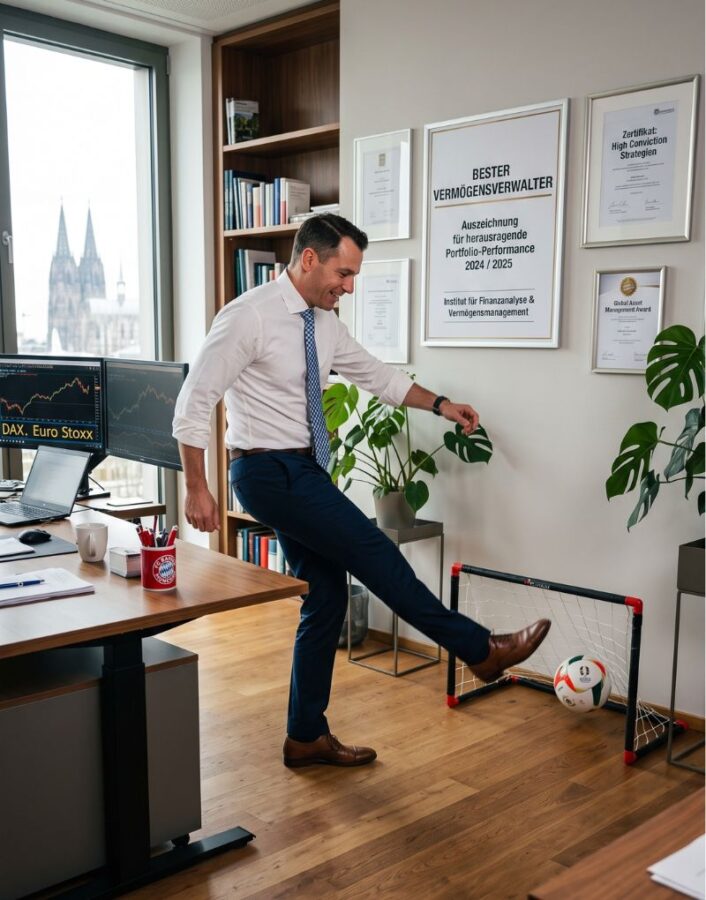 Portfoliomanager kickt einen Fußball in ein Mini-Tor in einem modernen Kölner Büro mit Blick auf den Dom. An der Wand hängt eine Urkunde mit dem Titel 'BESTER VERMÖGENSVERWALTER