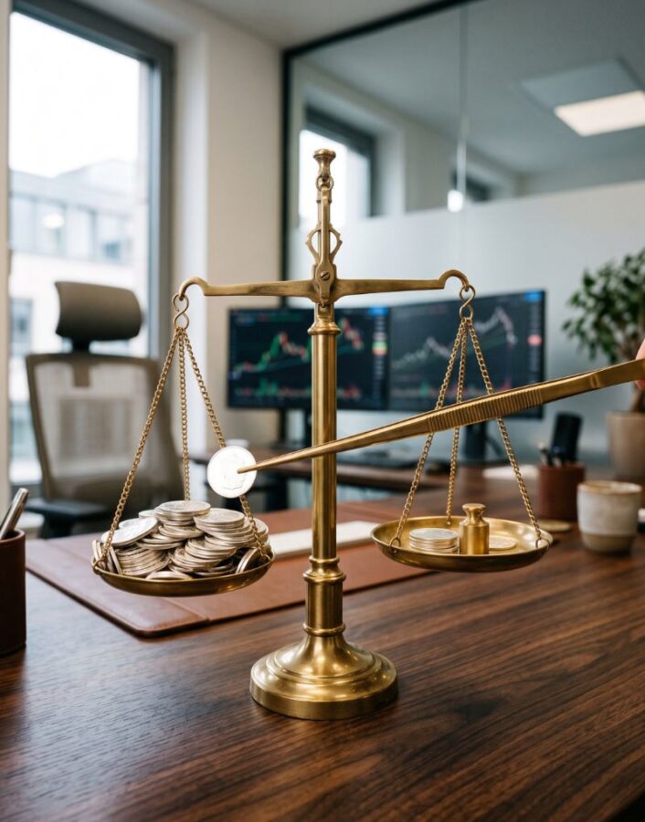 Goldene Balkenwaage auf einem Büroschreibtisch, die stark ins Ungleichgewicht geraten ist. Die linke Waagschale ist mit zahlreichen Münzen überladen, in der rechten liegen nur wenige Münzen und ein Gewicht. Eine Pinzette greift nach einer Münze. Im Hintergrund sind unscharf Monitore mit Börsencharts zu sehen.