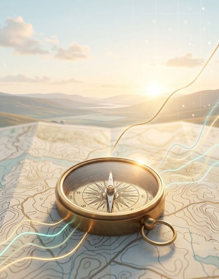 Ein Messingkompass liegt auf einer Landkarte, deren Höhenlinien in goldene Chartlinien übergehen, im Hintergrund eine Hügellandschaft bei Sonnenaufgang.